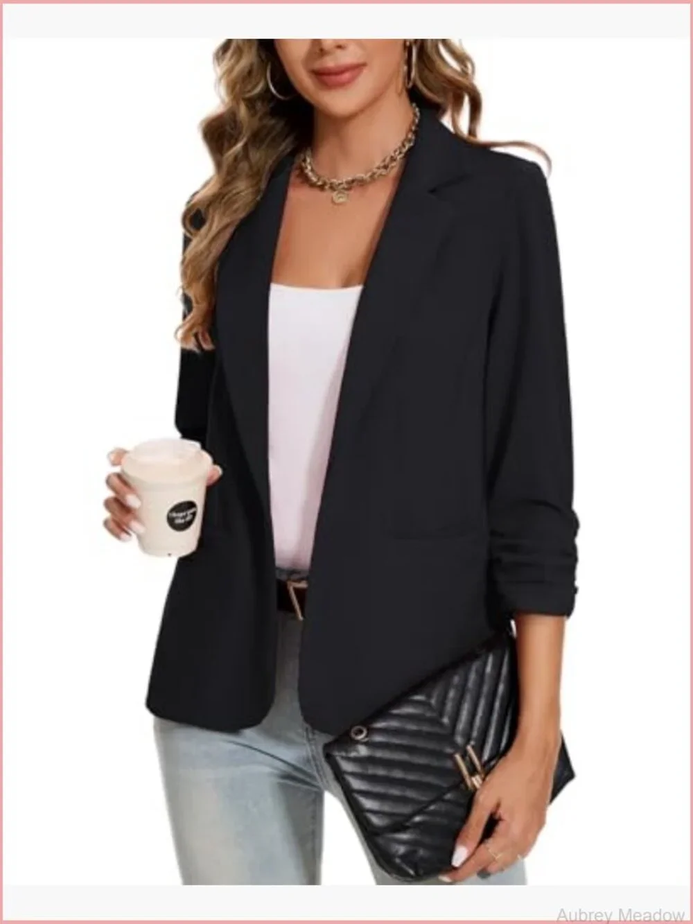 Ruched 3/4 Sleeve Notch Lapel Button Front Blazer Casual Work Office Suit